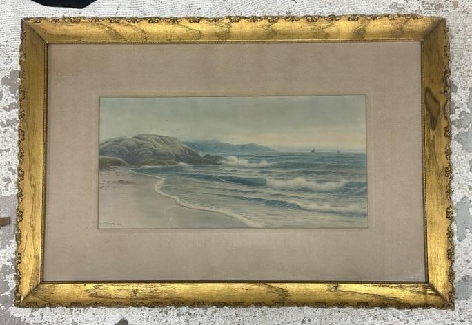 Charles W Gay (1858-1931) watercolor seascape. This watercolor on paper is signed in the lower left: Charles W Gay (1858-1931) watercolor seascape. This watercolor on paper is signed in the lower left hand corner. Frame is 31 1/2" wide by 21 1/2" tall. Gay was a resident of New York from 1889 until h