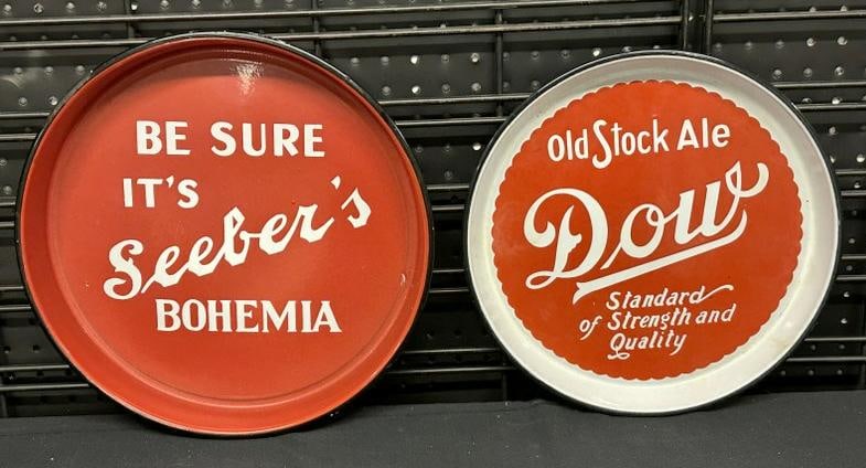 (2) old enamel-porcelain BEER TRAYS, ( SEEBER'S BOHEMIA & DOW'S ), both in overall nice condition.: (2) old enamel-porcelain BEER TRAYS, ( SEEBER'S BOHEMIA & DOW'S ), both in overall nice condition. Measure 13.5" & 12.25" across. From a one owner estate of a Breweriana collection in Kingston, New Yo