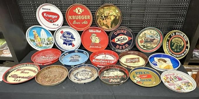 ( 20 ) BEER TRAYS, some older than others, some later reproduced, some in rough condition, just as: ( 20 ) BEER TRAYS, some older than others, some later reproduced, some in rough condition, just as we found them. From a one owner estate of a Breweriana collection in Kingston, New York, he had hung 