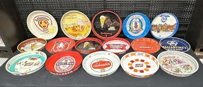 ( 16 ) BEER TRAYS , good mix, some older than others, some better condition than others....just as: ( 16 ) BEER TRAYS , good mix, some older than others, some better condition than others....just as we found them...From a one owner estate of a Breweriana collection in Kingston, New York, he had hung