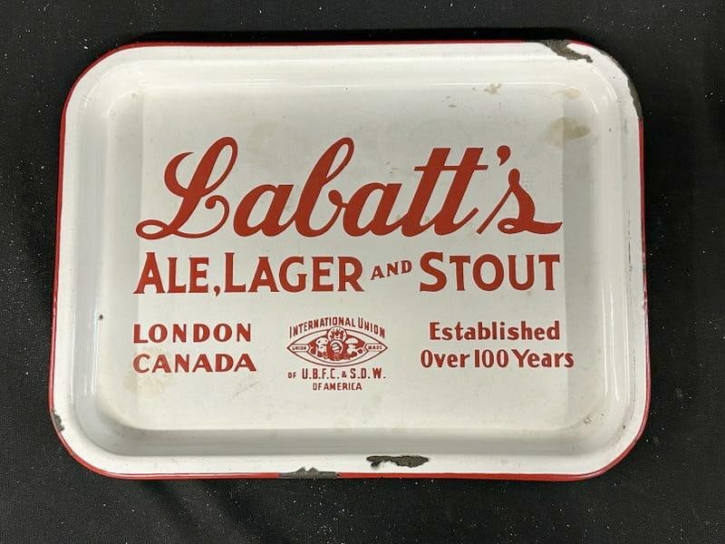 Labatts Ale, Lager and Stout enamel porcelain serving tray, has some enamel loss on sides as (1 of 1)