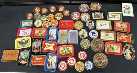 Lot of BEER tip trays and small trays, some older than others, some reproduced, various states of