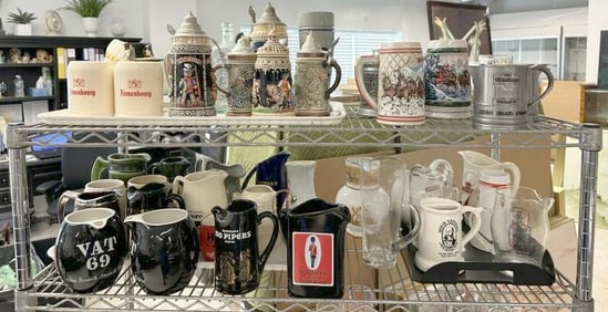 (2) shelves of vintage BEER & LIQUOR steins, pitchers and mugs, nice overall condition, good variety