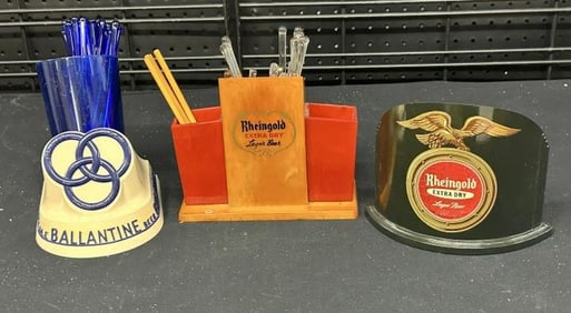 (2) older RHEINGOLD & (1) BALLANTINE countertop displays for stirrers, including one bakelite (?),