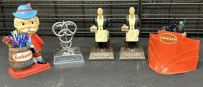(5) vintage and older countertop BEER displays for stirrers, etc. The (2) Schmidt's are painted die