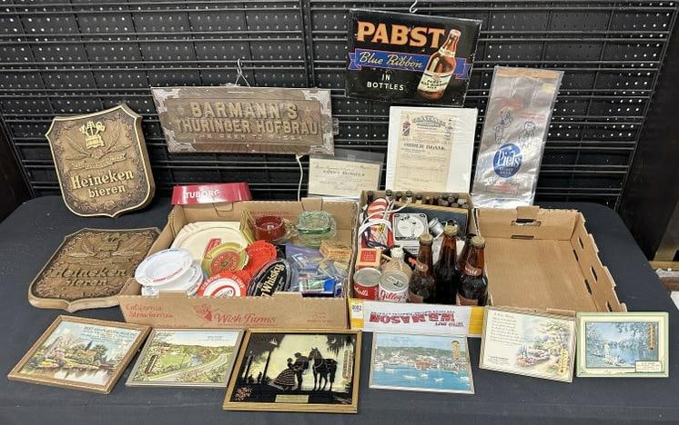 Big Misc. BEER & LIQUOR advertising lot, includes some signs, bottle openers, caps, a few bottles, (1 of 14)