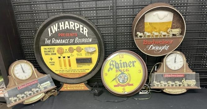 Lot of BEER & (1) I W HARPER Bourbon display, just as we found them, good overall condition.: Lot of BEER & (1) I W HARPER Bourbon display, just as we found them, good overall condition.