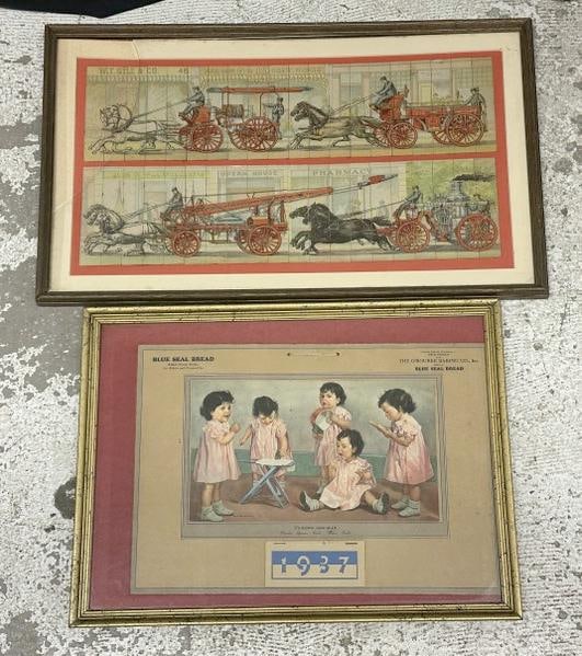 (2) pc. Framed lot to incl. DIONNE QUINTUPLETS 1937 Calendar & framed early Fire horse drawn wagon (1 of 4)