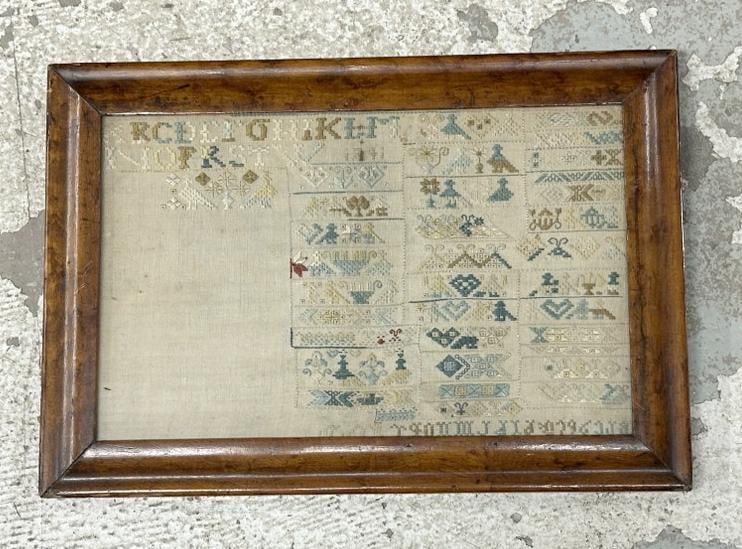 Dated 1741 SAMPLER in early frame, has older POOK & POOK auction tag on back, from Hudson Valley (1 of 5)