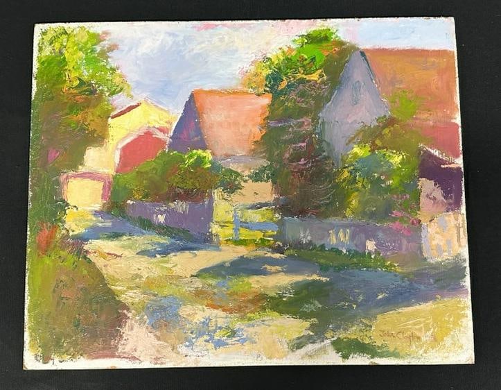 John Clayton (Born 1961) o/b impressionist street scene landscape with houses, signed lower right, (1 of 3)