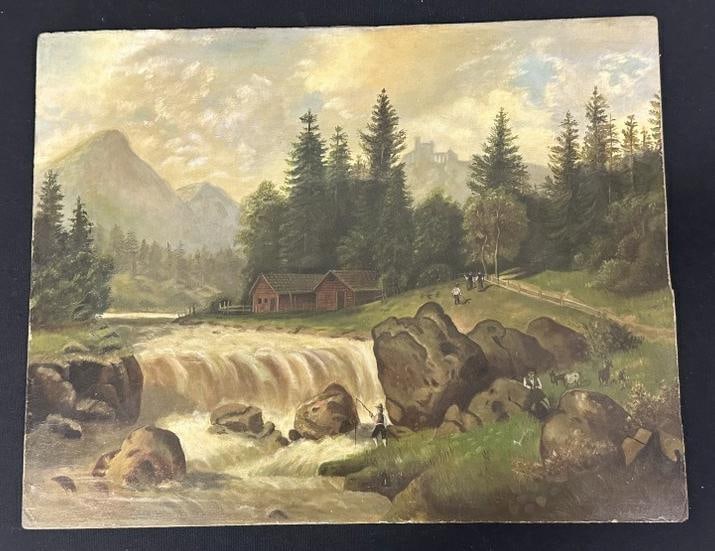 Circa 1890's o/b landscape with cabins, people in the yard, waterfalls in foreground, with Men (1 of 2)