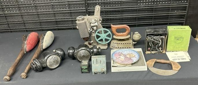 Misc. lot to include pair of Model T headlights (?), banks, early iron, projector, (2) Vaudeville (1 of 9)