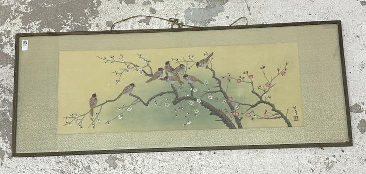 Large Asian framed embroidery with birds on branches with pink flowers, signed as pictured. Nice (1 of 3)
