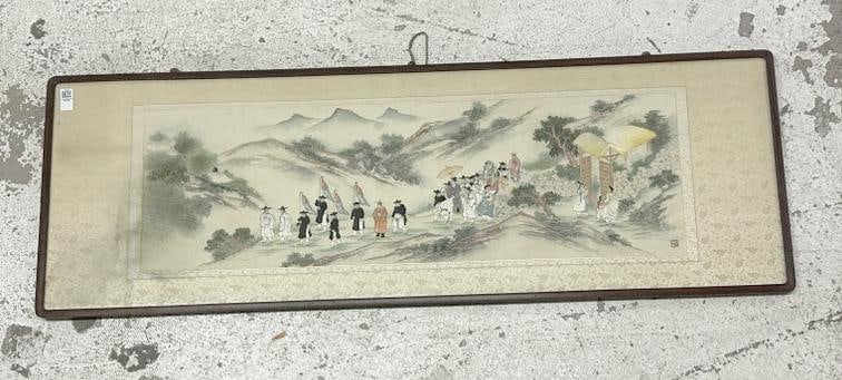 Large signed Asian framed embroidery with people walking, some holding flags, nice condition, image (1 of 3)