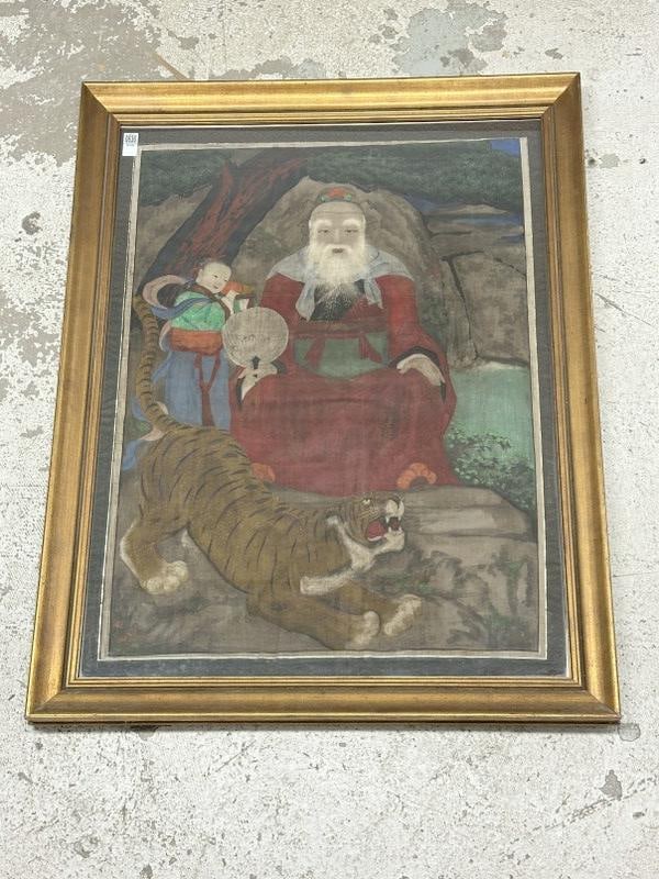 Large ancestral Asian portrait of older Man with child on side with large tiger in foreground. On a (1 of 2)