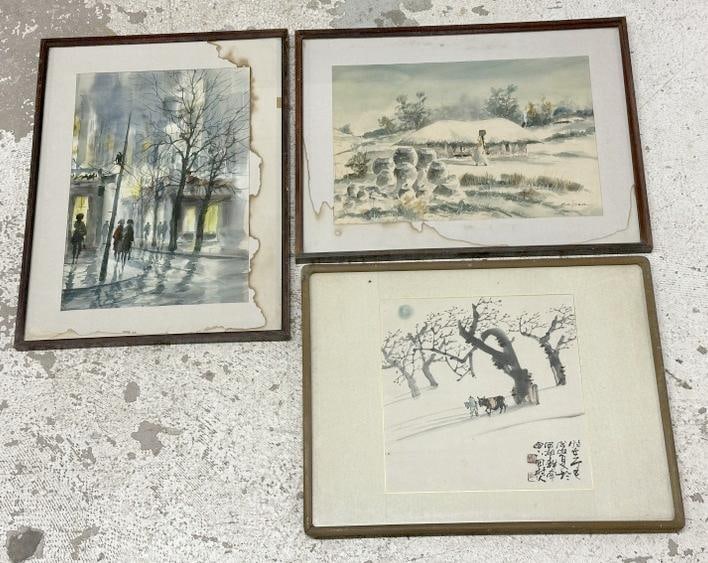 Lot of (3) Asian watercolors ( 2 with old water stains on the matting ), (2) signed as pictured. The (1 of 6)