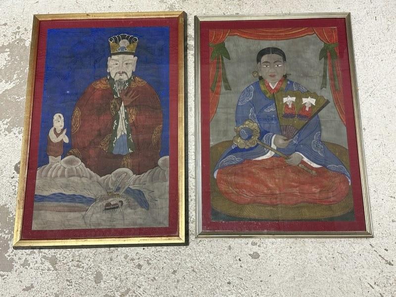 (2) ancestral Asian portraits on canvas or light linen, some paint crackling, overall nice (1 of 1)