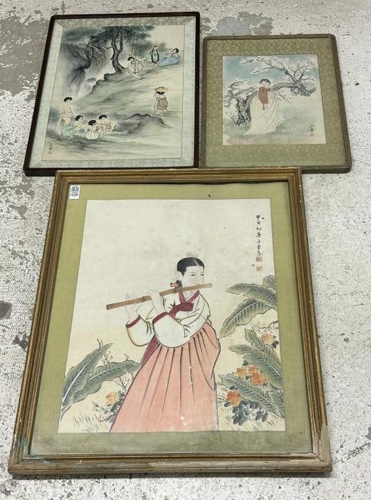 (3) Asian paintings, all framed, signed as pictured. Overall good estate found condition, ( the: (3) Asian paintings, all framed, signed as pictured. Overall good estate found condition, ( the larger frame has some finish worn off ), to show scale the largest frame measures 32" x 26.5". From Kerh