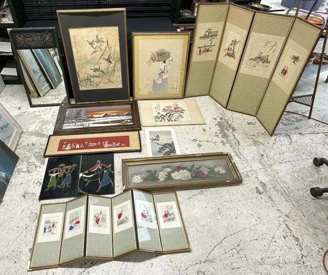 Misc. artwork lot including some Asian, good lot for a dealer to sort out, includes Asian carved (1 of 10)