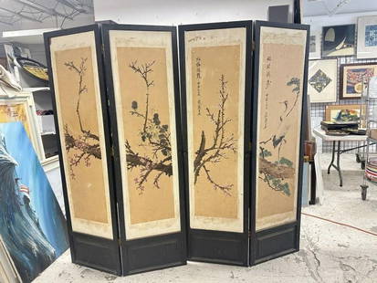 (4) panel Asian screen with handpainted panels, (2) panels signed as pictured. They are on particle: (4) panel Asian screen with handpainted panels, (2) panels signed as pictured. They are on particle board, and wood frame separated in (2) pieces. Condition has some scuffs….Measures 71.5" high x 80