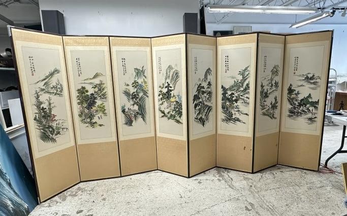 (8) part ASIAN handpainted & hand embrodered folding screen, nice overall condition, some tears on (1 of 10)