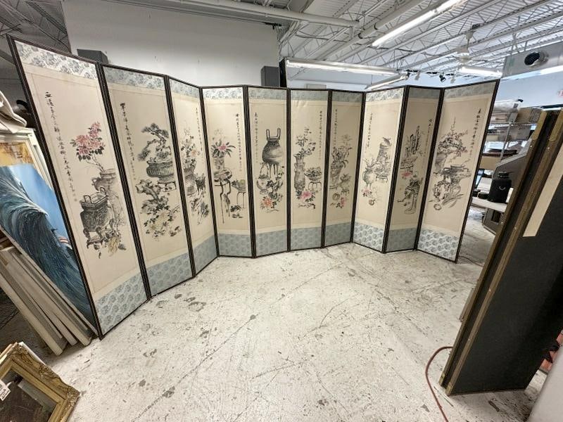 (10) part ASIAN handpainted folding screen, nicely done scenic panels, all signed as pictured. (1 of 14)