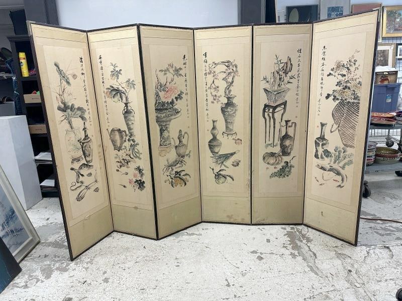(2) ASIAN screens including (6) panel hand painted scenic screen, has some small tears and scuffs, (1 of 12)