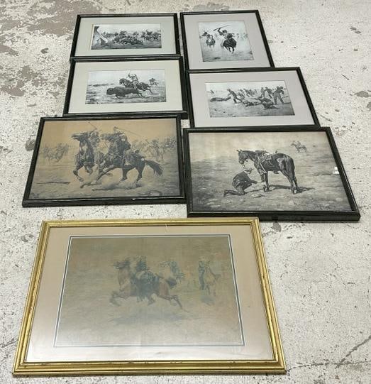 (7) framed CHARLES SCHREYVOGEL Western theme prints ( 4) same size in frames & (2) larger frames, (1 of 5)