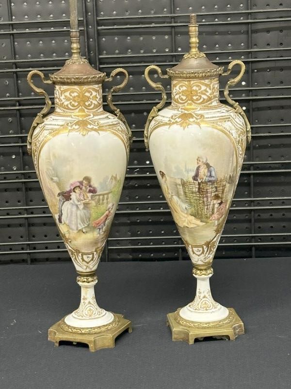 Pair as is SEVRES decorative table lamps ( one has old repair on back of one body ), other has a (1 of 4)