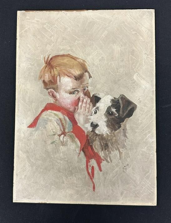 Illustration o/b young boy whispering to his dog, signed illegibly, nice condition, measures 16" x (1 of 1)