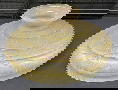 Quezel like art glass shade, has some rim chips, just as we found it, measures 7" high, top opening: Quezel like art glass shade, has some rim chips, just as we found it, measures 7" high, top opening is 6" across and bottom opening is 13.75" across…..