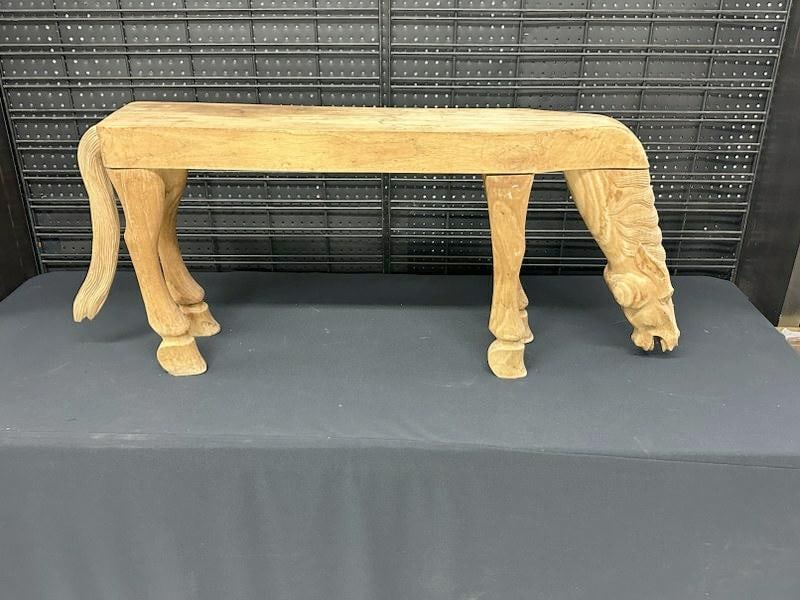 Interesting figural horse bench, possibly teak or similar wood, structurally sound, from local: Interesting figural horse bench, possibly teak or similar wood, structurally sound, from local estate, head and tail can be removed for moving….measures 20" high x 48" front to back x 7.5" deep.