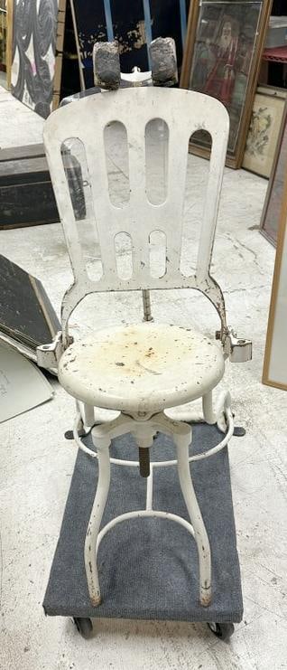 Old cast iron child's Dentist chair (possibly ), just as we found it, looks like it had side pieces, (1 of 4)