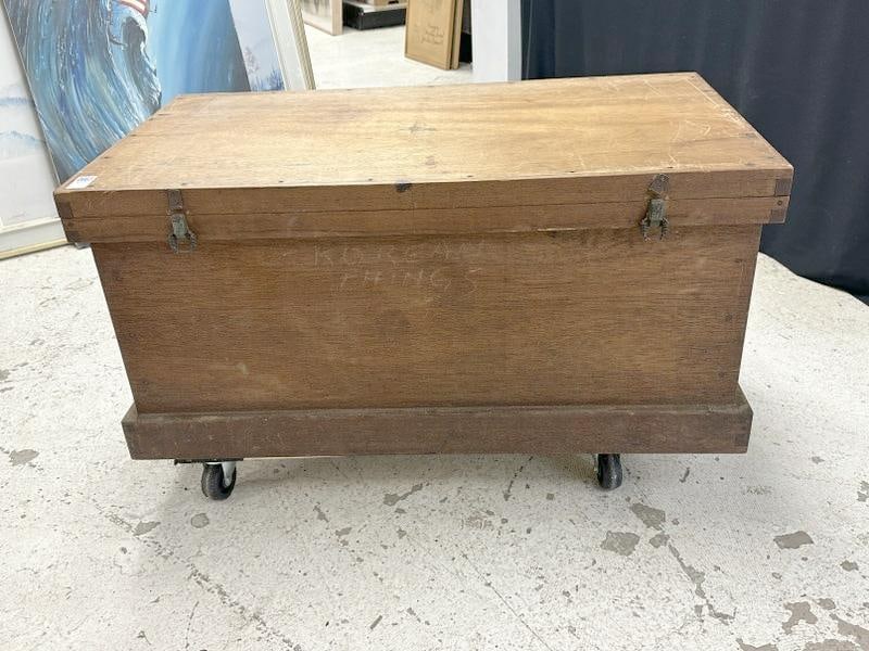 Asian storage box, structurally sound, has some scratches on top, measures 37" wide x 21" deep x (1 of 3)