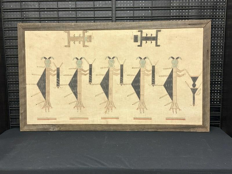 Navajo painting on muslin in rustic frame, found in Hudson Valley estate, nice as found condition, (1 of 2)