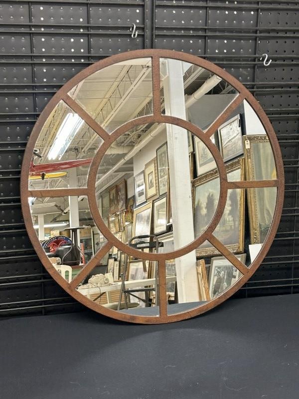 Contemporary decorative round metal frame mirror, frame has like a rusted finish, measures 29.5" (1 of 1)