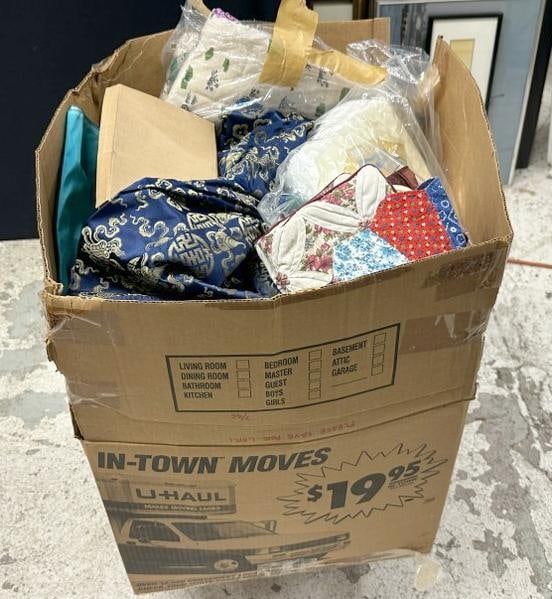 Estate box of vintage ASIAN fabrics, komona, new shoes, etc. Found in a storage box in Hudson Valley (1 of 6)