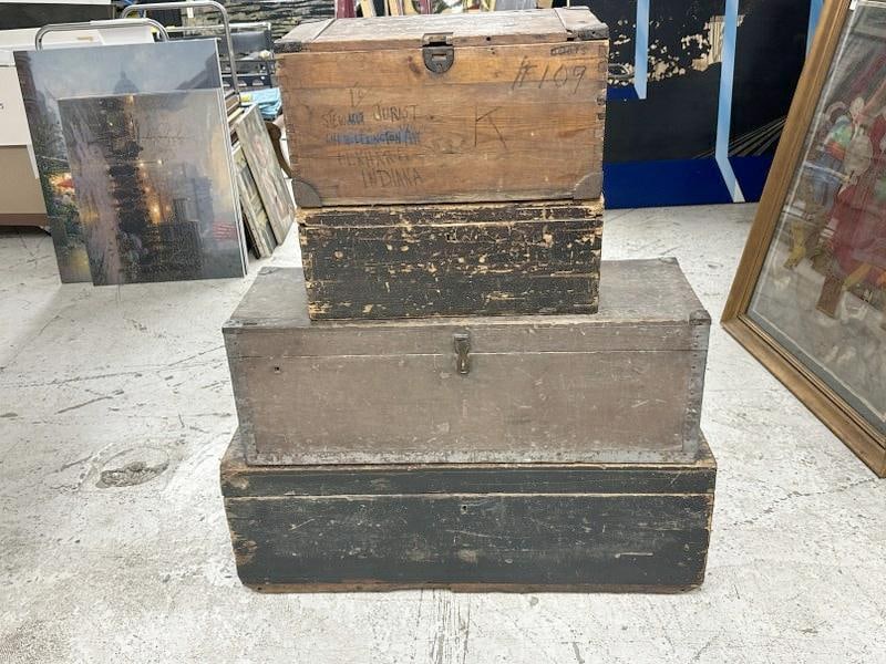 (4) old wood boxes, from estate in Hudson Valley, to show scale the largest measures 37.5" wide x (1 of 2)