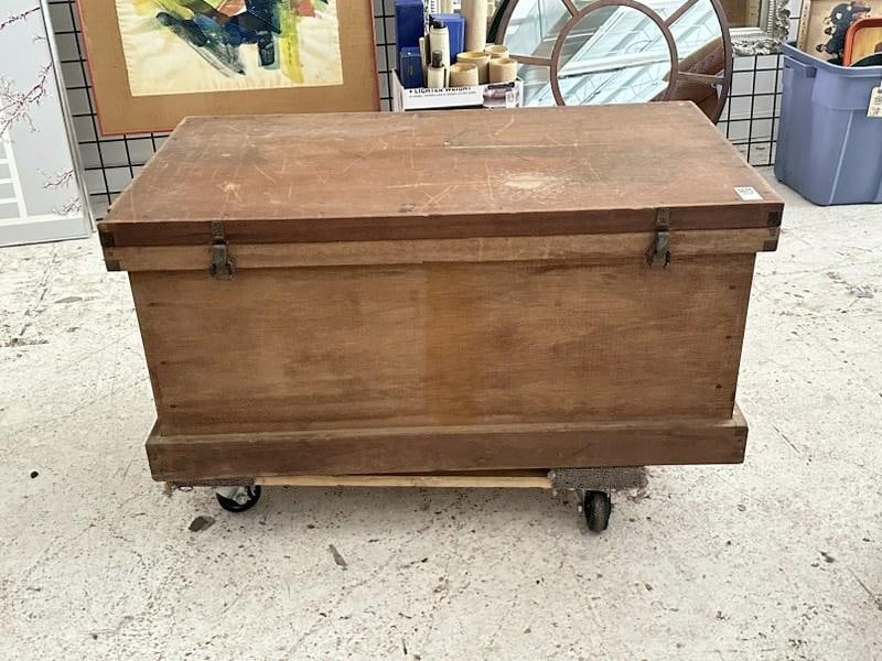 Older storage box, structurally sound, was filled with Asian ceramics, structurally sound, measures: Older storage box, structurally sound, was filled with Asian ceramics, structurally sound, measures 37" wide x 21" deep x 17" high. Some scuffs to finish….
