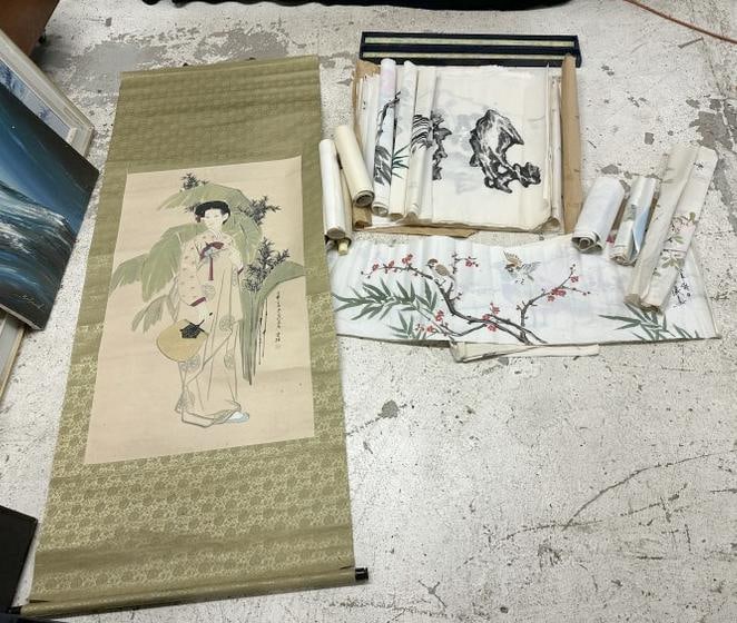 Quantity of hand painted Asian scrolls and loose paintings on very lightweight paper. From estate of (1 of 3)