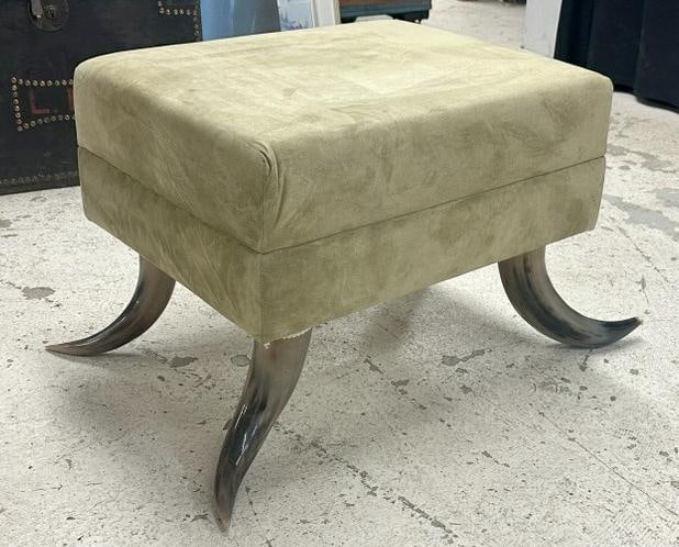 Contemporary horn foot ottoman, with light green micro fiber upholstery, good condition, ottoman (1 of 3)