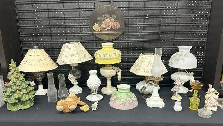 Estate misc. lot to include oil lamps converted to electric, round roses painting, (2) Steiff bears (1 of 11)