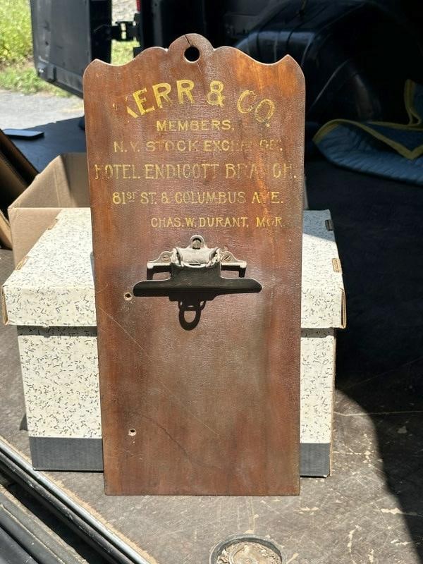 Circa 1900 KERR & CO. New York Stock Exchange hanging clip board, found in local estate, nice old: Circa 1900 KERR & CO. New York Stock Exchange hanging clip board, found in local estate, nice old patina, measures 22" x 10".