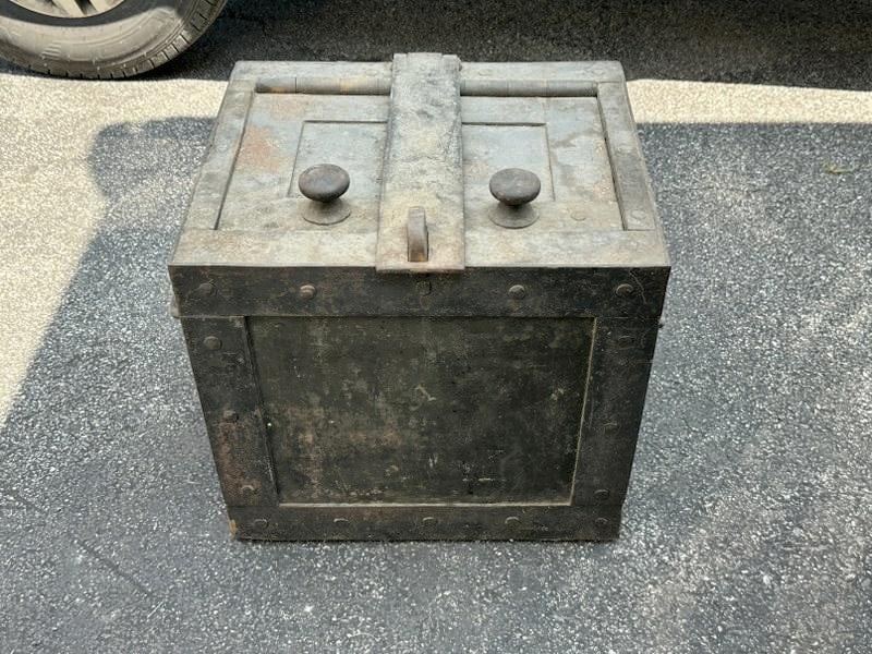 Circa 1900 iron strong box with handles on (3) sides, from estate of Kingston, N.Y. Locksmith,: Circa 1900 iron strong box with handles on (3) sides, from estate of Kingston, N.Y. Locksmith, structurally sound, measures 18.5" x 16.5" x 17".