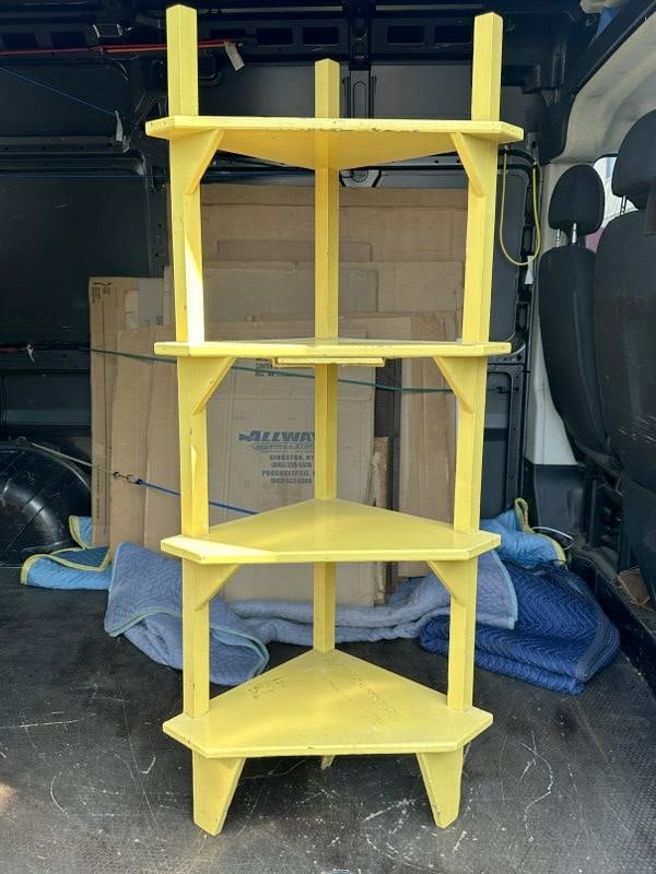 Painted yellow country corner stand - shelf, measures 58" x 25" 18" deep. (1 of 2)