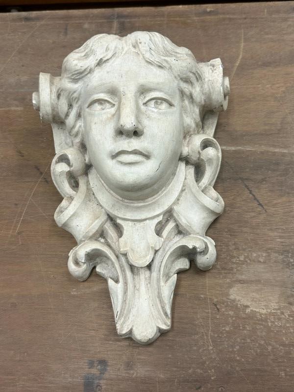 Plaster architectural head, measures 14" x 11" across the widest point, nice condition, found in: Plaster architectural head, measures 14" x 11" across the widest point, nice condition, found in local home…