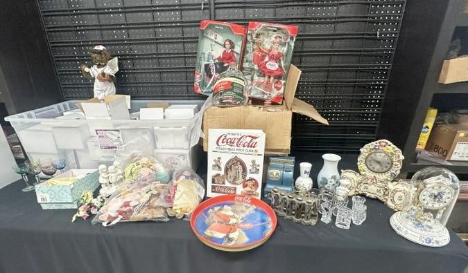 Big misc. lot to include tub of New York Yankee ornaments in boxes, (4) large Coca Cola 1 gallon (1 of 8)