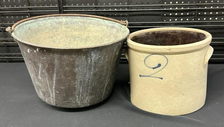 Country estate lot to include stoneware (2) gallon crock & brass pail with nice old patina, just how: Country estate lot to include stoneware (2) gallon crock & brass pail with nice old patina, just how we found them in Hudson Valley estate.