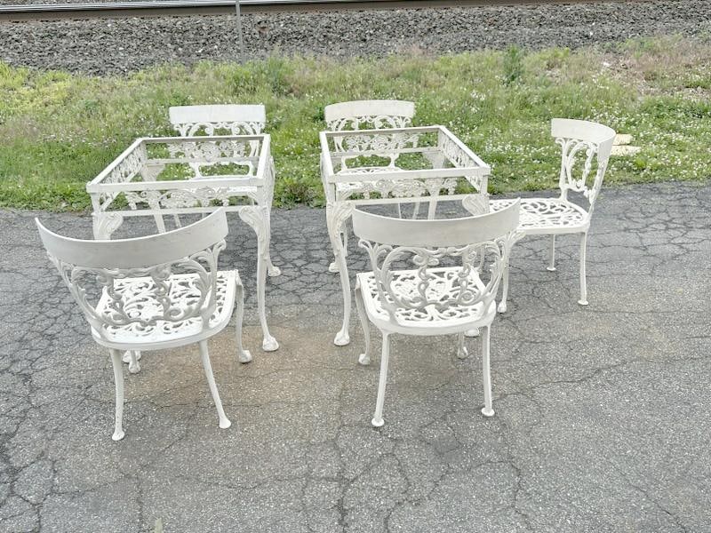 Nice estate lot of outdoor metal furniture, from local estate, includes (5) chairs and (2): Nice estate lot of outdoor metal furniture, from local estate, includes (5) chairs and (2) rectangular tables with glass tops ( tops not pictured, one top has chips in it ), tables measure 32" wide x 
