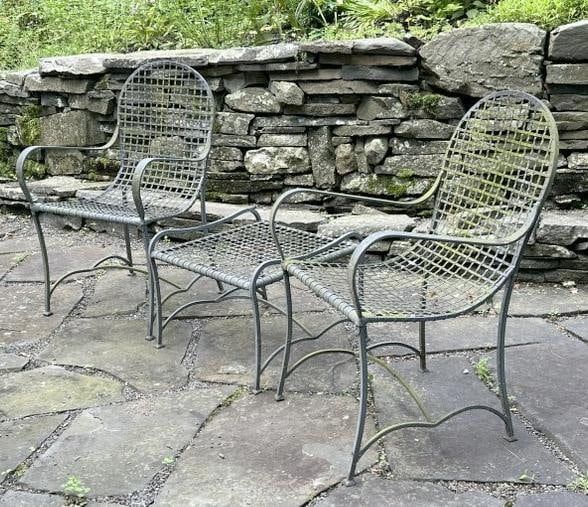 Quality iron pair outdoor chairs with (1) ottoman, from fine estate in Hudson Valley, nice patina: Quality iron pair outdoor chairs with (1) ottoman, from fine estate in Hudson Valley, nice patina from being outside, structurally sound, nice form…..